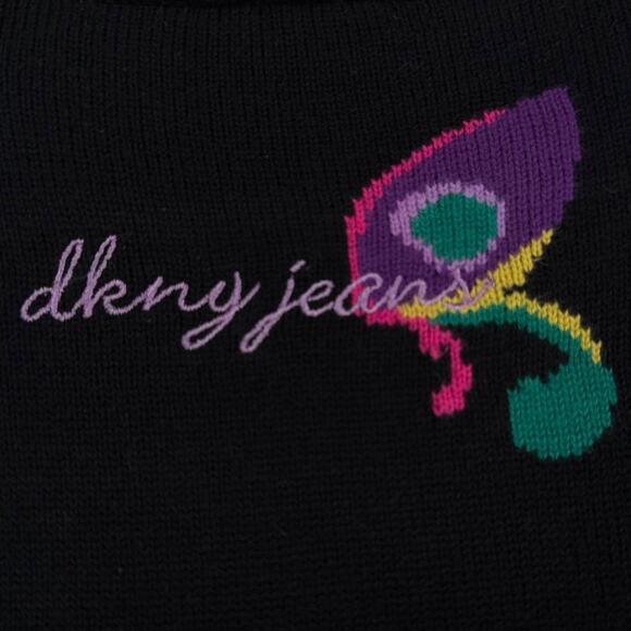 DKNY Jeans Womens Sweater Sz L Slim Fit Black Floral Knit Extra Long Sleeves Y2K - Picture 8 of 10